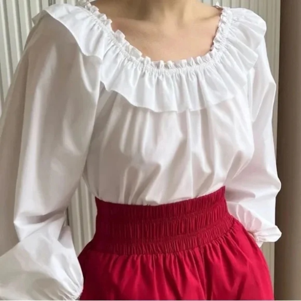 HILL HOUSE "Lena" Ruffle-Neckline Cotton Poplin Top NWOT/sz S
